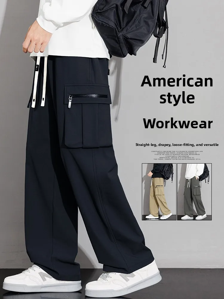 

New 2025 Men's Workwear Pants Loose Straight Casual Trousers American Trendy Brand Large Size with Multiple kets