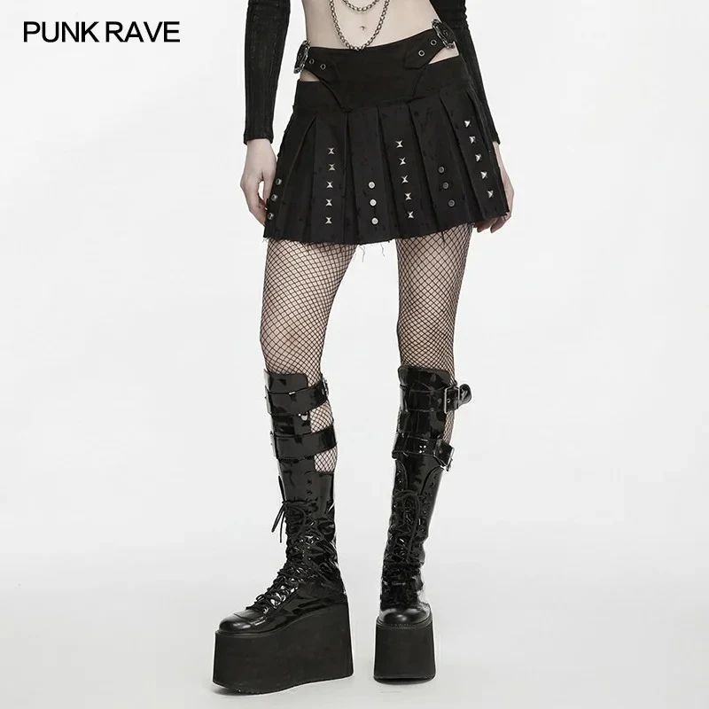 PUNK RAVE Women's Punk Decadant Washed Dark Skirt Vintage Mottled A-line Cross Shape Buckle Casual Women Clothing