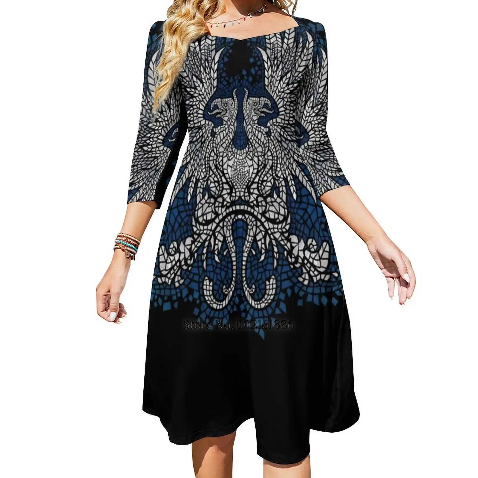 

Of The Grey Square Neck Dress Summer Dress Women Elegant Halter Print Dress Dragon Age Fantasy Griffin Griffon Mosaic Grey