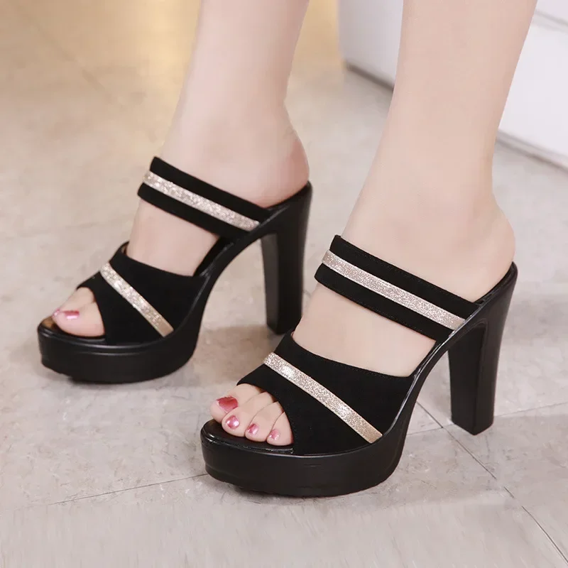 10cm Small Size 32-43 Summer Mix Color Block High Heels Shoes 2024 Soft Leather Slippers Platform Slides for Office Model Work