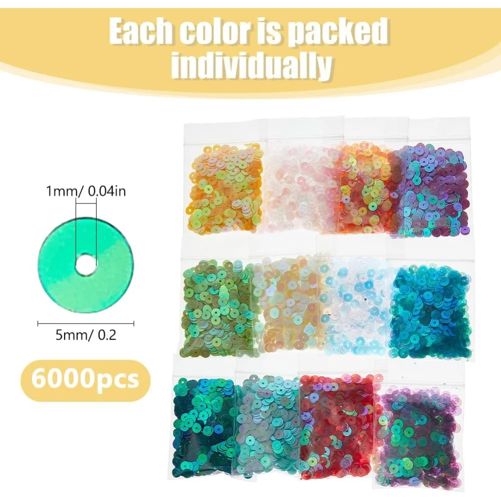 6000Pcs 12 Colors Small Clear Sequins Bulk 5mm PVC Loose Sequins Flat Round Paillette Flat Round Sewing Paillette