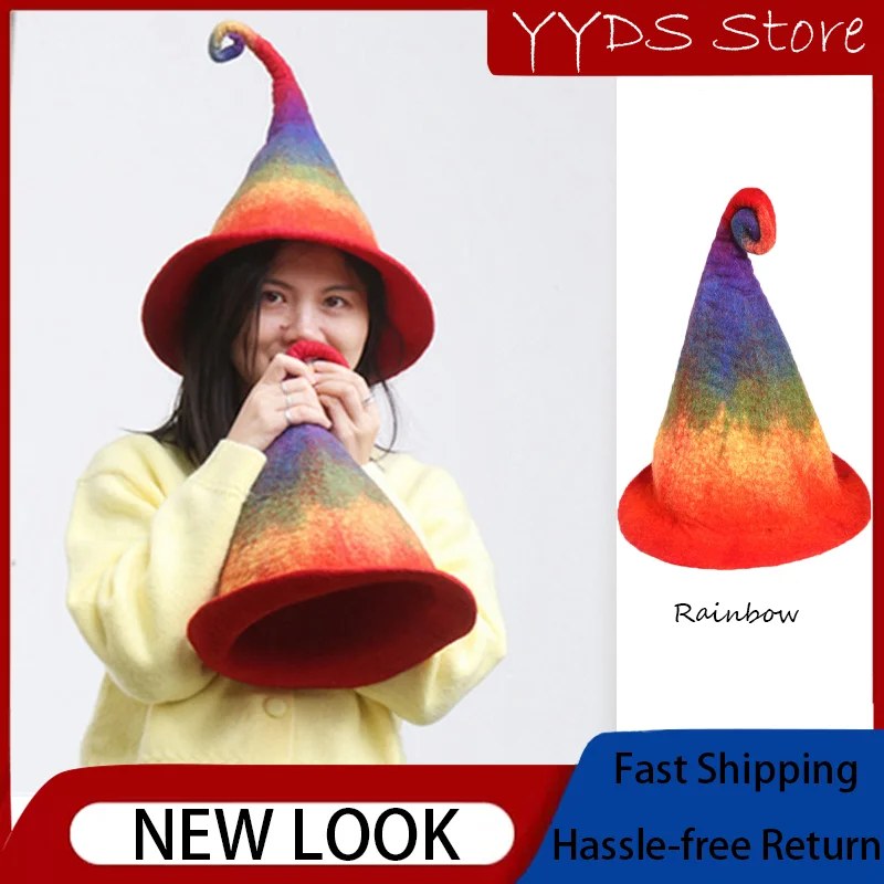 Winter Handmade Wool Felt Hats - Parent-Child Unisex Kids Whimsical Elf Wizard Tall Hat, Rainbow & Flower Decor