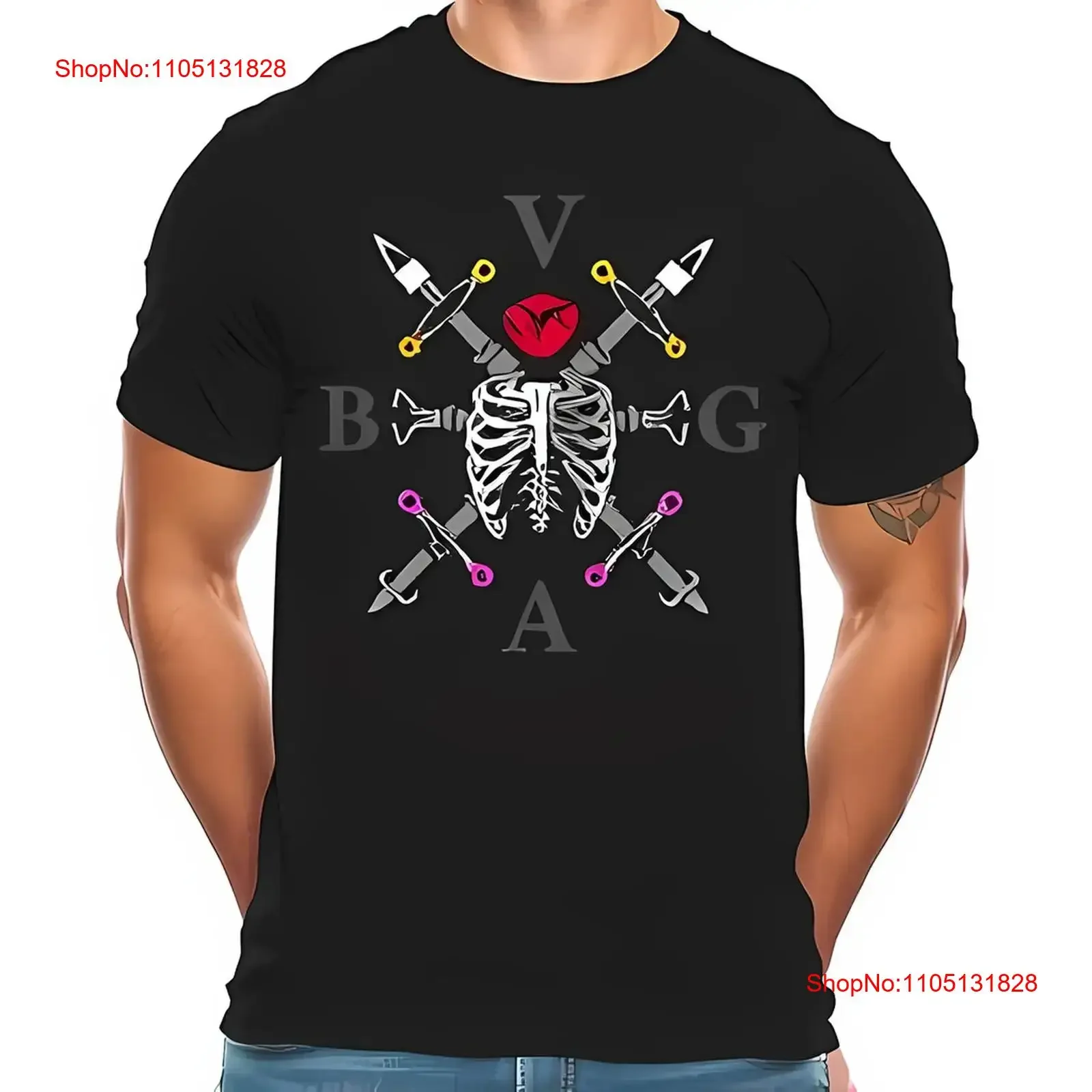 تي شيرت رجالي أسود مع قفص الضلع وتصميم متقاطع على شكل قلب، ملابس مصممة برسومات جرافيكية مغسولة قليلاً