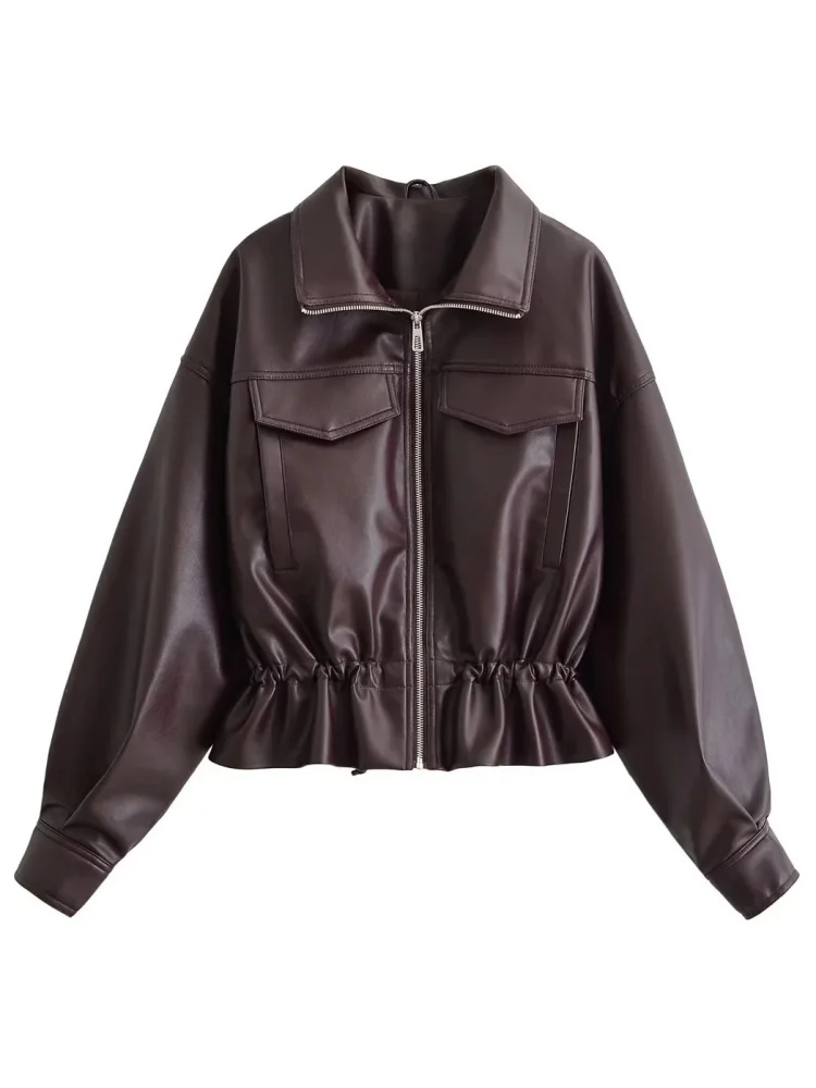 AACHOAE Women Faux Leather Jacket Drawstring Waist Zip Up Utility Short Coat Flap Pocket Casual Streetwear Autumn Outerwear