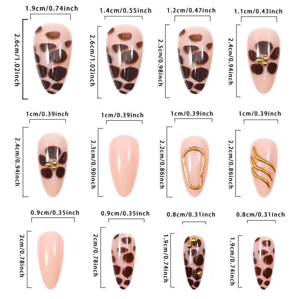 24PCS Press On Acyrlic Nails Leopard Flower Design Fake Nails Long Almond 3D Golden Stripes Decor French False Nails Removable