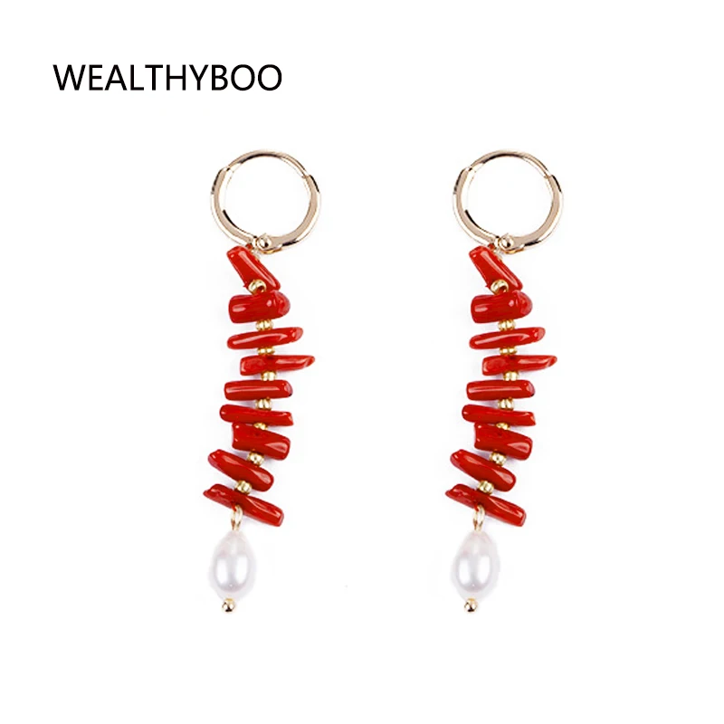 

Red Coral Pendant Earrings Pearl Boho Women Luxury Banquet Accessories Women's Gift Unique Long Design