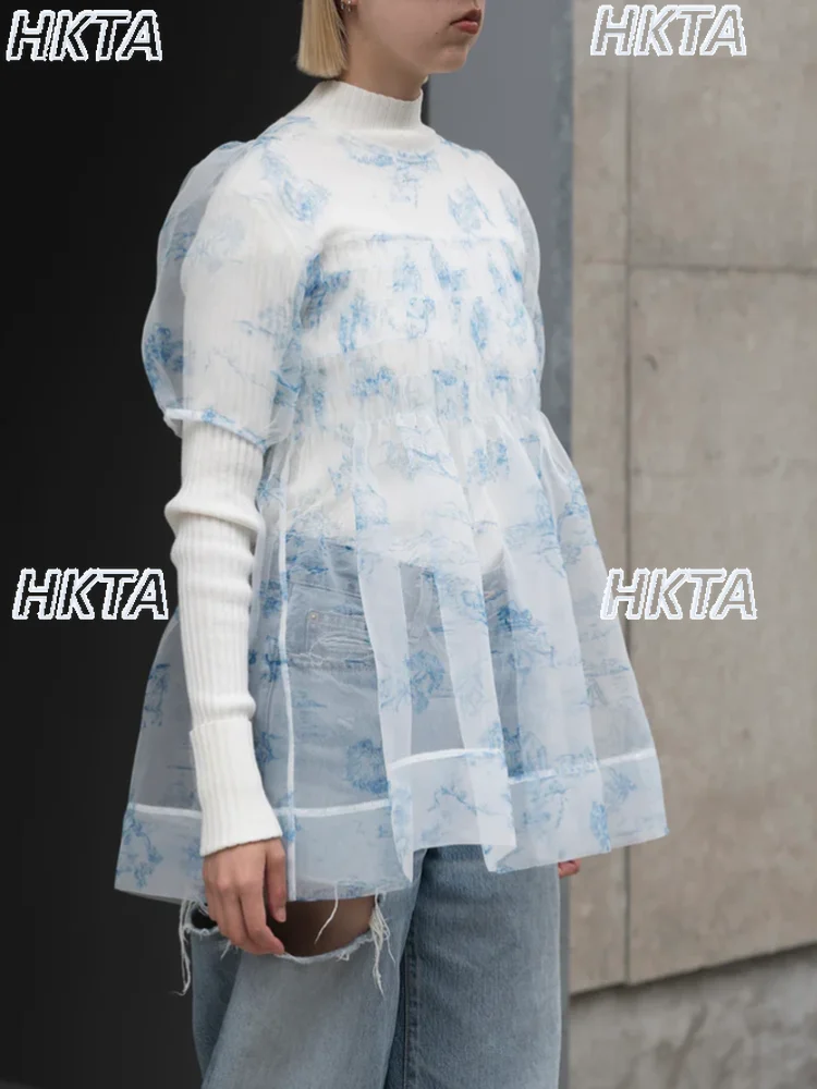 

Japanese Landscape Painting Round Neck Bubble Short Sleeves Short Sleeve tshirt Summer Thin Transparent Loose Tops Shirts Women