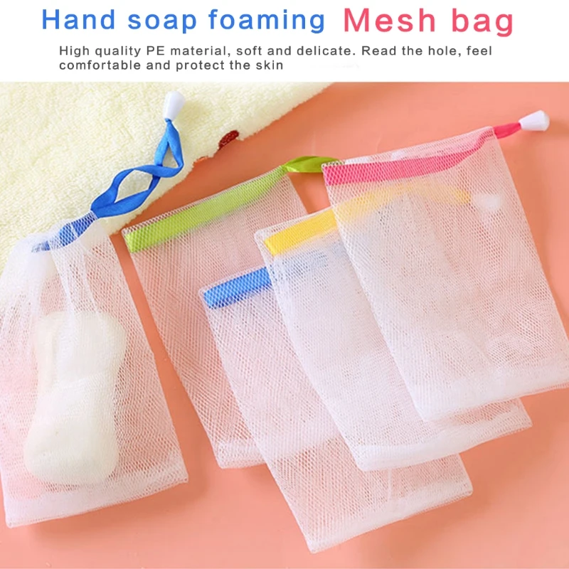 10 STKS Exfoliërende Mesh Zeepzakje Bubble Foam Dubbellaags Netto Zeep Saver Tas Trekkoord Houder Zakken