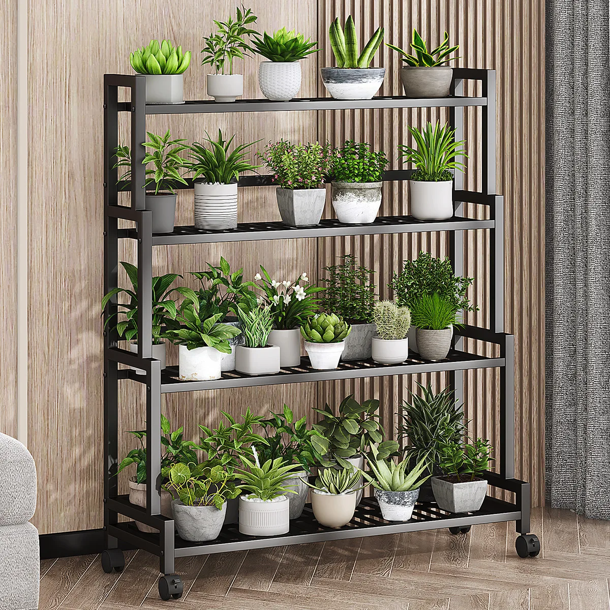 多層フラワーラック、屋内外バルコニー、リビングルーム用棚、ホイール付きフロアスタンド収納ラック、金属製プラントスタンド