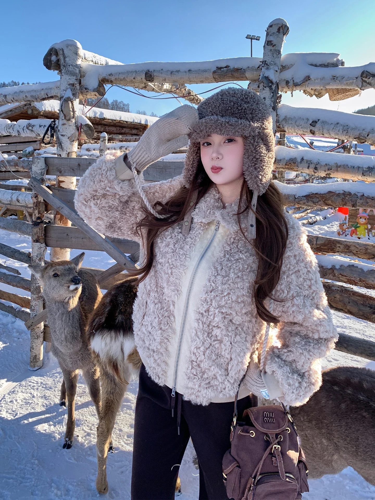 Maixi plus Size Women's Fur Coat Small Curly Flip Collar Leather And Fur Inteated Winter Loose Casual Top