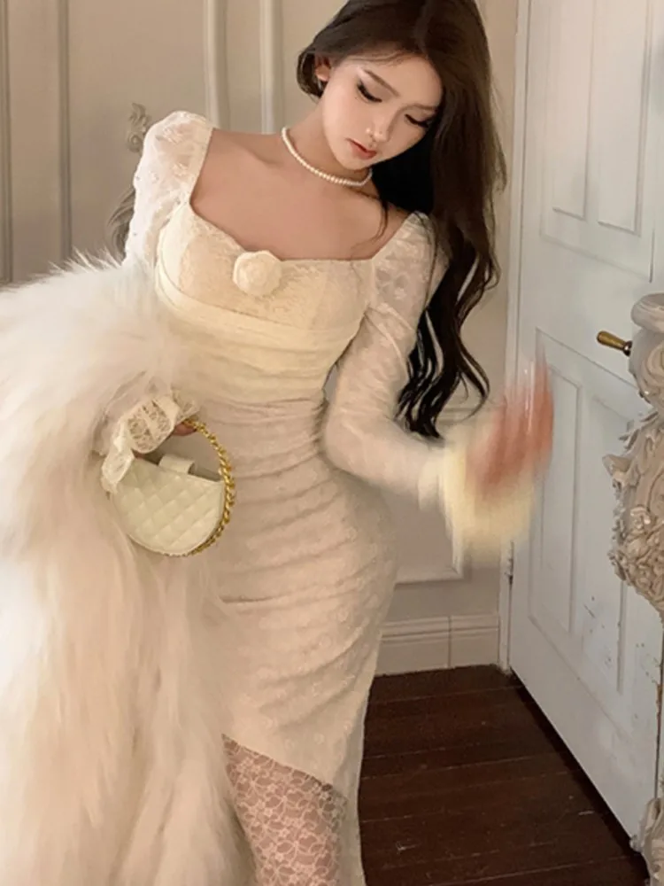 Sexy Lace Square Collar Long Dress Autumn Floral Slim Waist Coquette Bodycon Female Clothes Vestidos Party Prom Evening Robe