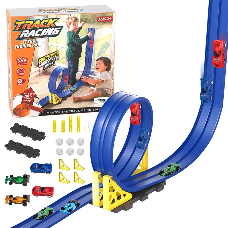 Auto da corsa Power Rail per bambini Fai da te Pista Pull-Back Auto da corsa Scivolo a gravità Puzzle ad alta velocità Giocattoli di assemblaggio Regali di Natale