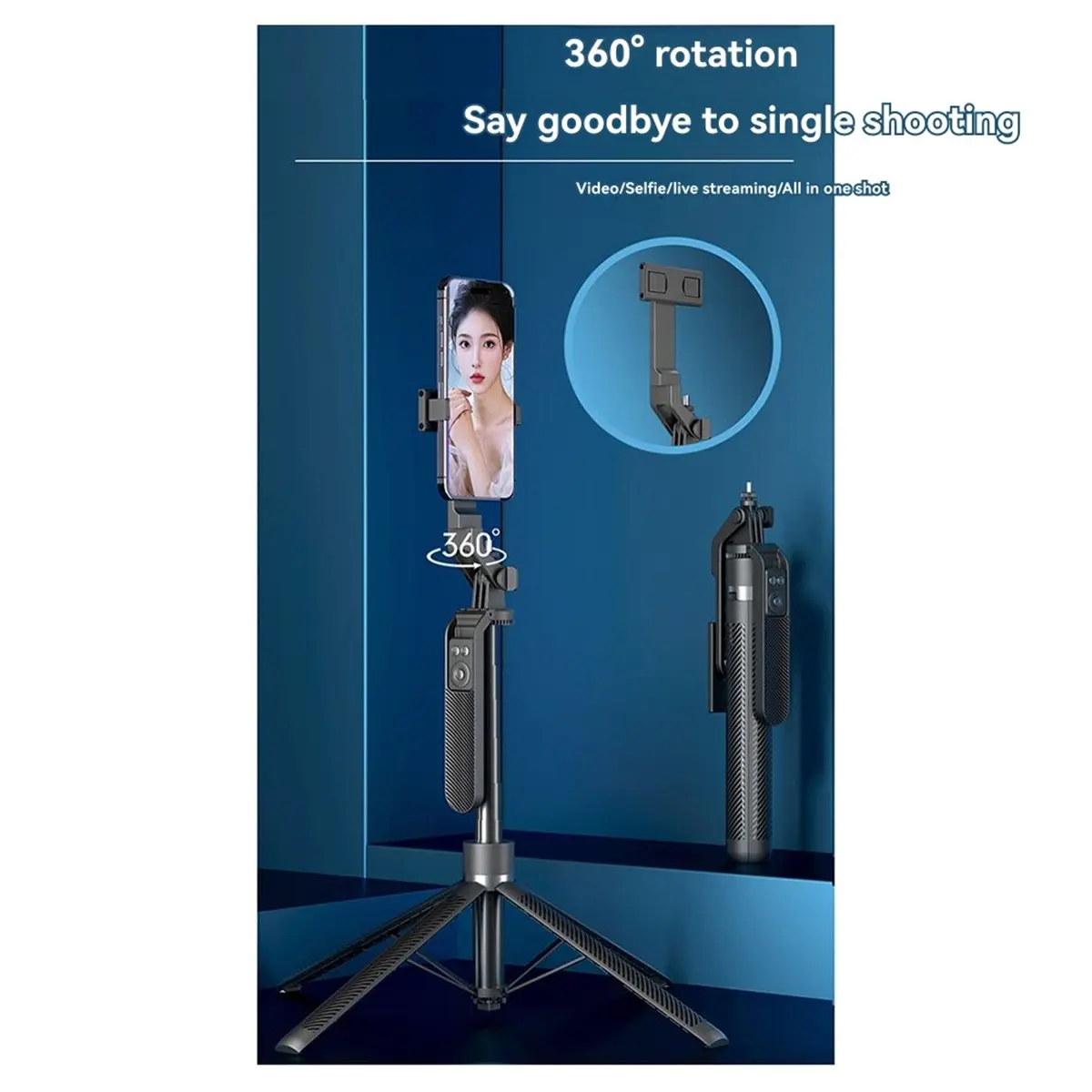 1,8 m de largo 360 °   Palo de Selfie para teléfono con cabezal giratorio, soporte de cuatro patas, trípode de expansión remota Bluetooth para teléfono inteligente, color negro