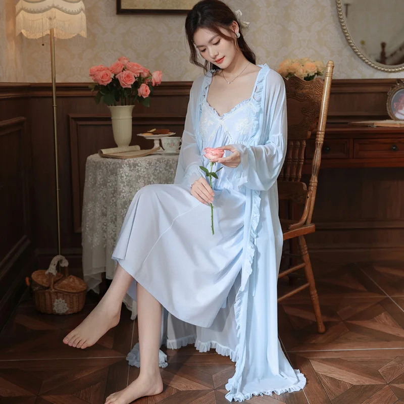 Fairy Women Solid Color Sleepwear Nightwear Autumn Sweet Mesh Night Dress Vintage Victorian Gown and Robe Sets Pijamas Nightwear