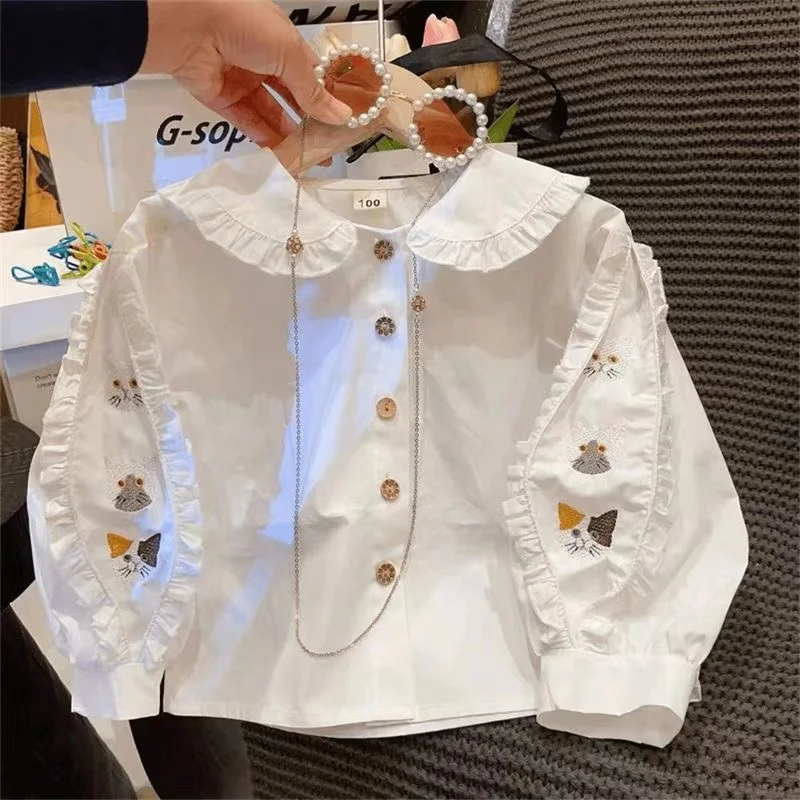 

2025 YangQi Girls' Korean Edition Casual Versatile Girls' Shirt Spring and Autumn Fashion Cat Embroidery Long Sleeve Shirt Trend