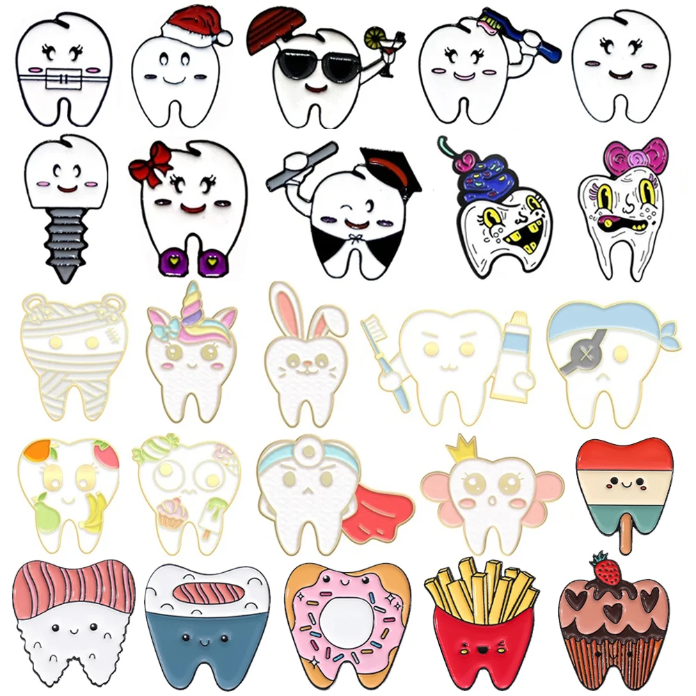 

Cute Tooth Brooch Bow Tooth Doctor Screw Fruit Repairman Red Flag Unicorn Crown Healthy Tooth Badge Punk Metal Pins Jewelry Gift