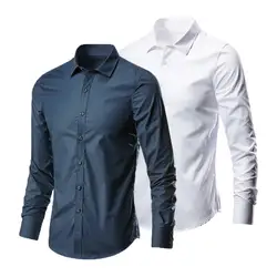 Long Sleeve Men Shirt Slim Fit Men Shirt Stretchy Slim Fit Men's Business Shirt with Turn-down Collar Long Sleeve Solid Color