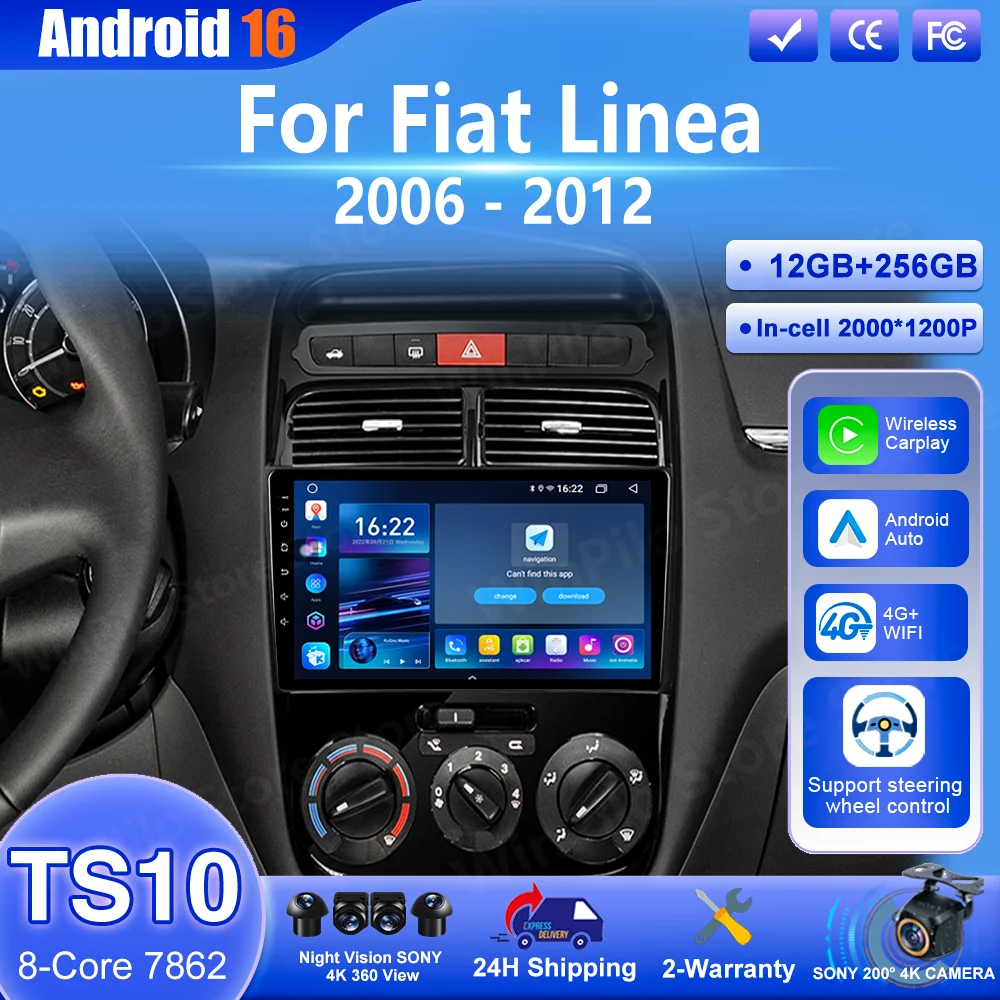 Navegación GPS Android 16 con Carplay para Fiat Linea 2006 2007 2008 2009 2010 2011 2012 Reproductor Multimedia para Auto con Carplay