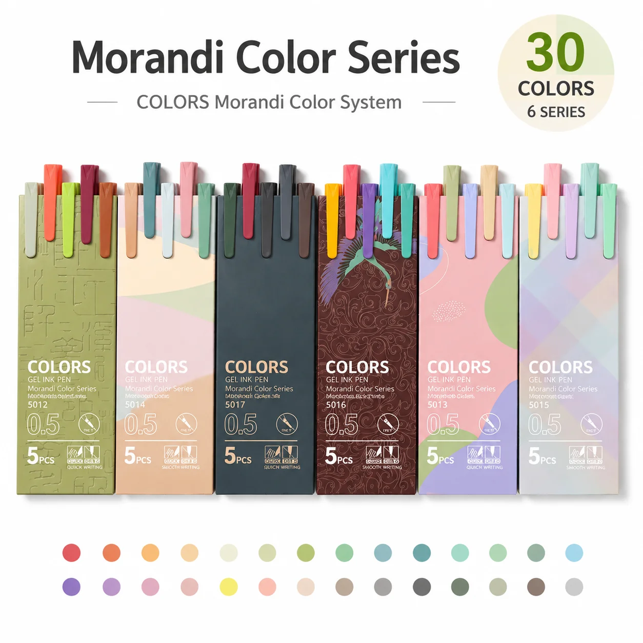 5PCS Morandi Colored Gel Pens Set 6 Series 30 Colors 0.5mm Fine Point Quick Dry Waterproof For Journaling Note Taking Doodling