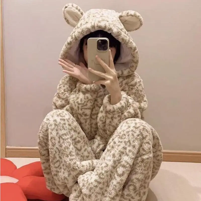 

Осенне-зимние кавайные сиамские пижамы с леопардовым принтом для девочек, милый пижамный комплект, фланелевая ночная рубашка, сохраняющая тепло, домашняя одежда, утепленная одежда для сна