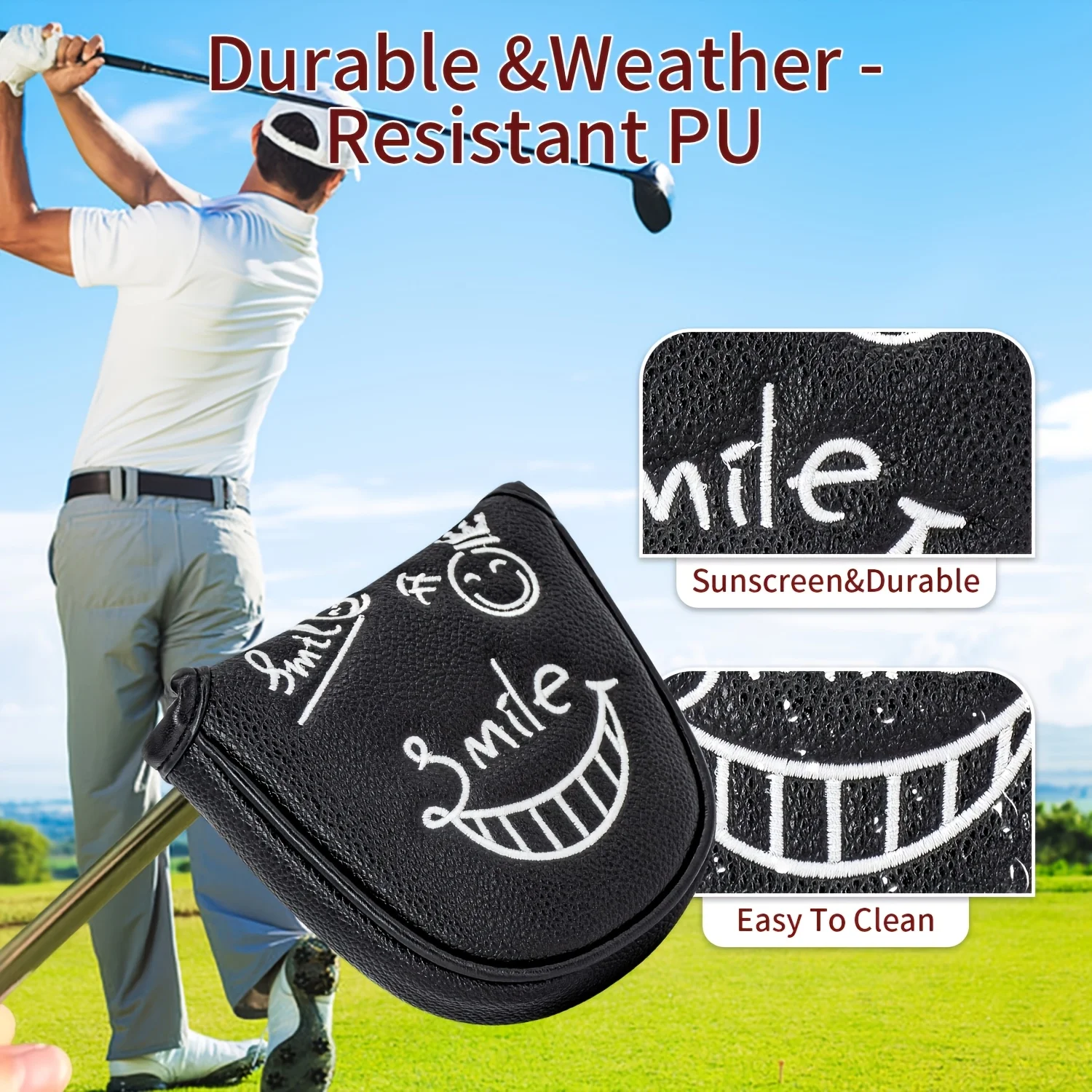 1pc Golf Mallet Putter Cover with Grinning Face Pattern & PU Material - Semi-Circular Design Suitable for Most Major Golf Brands image 4