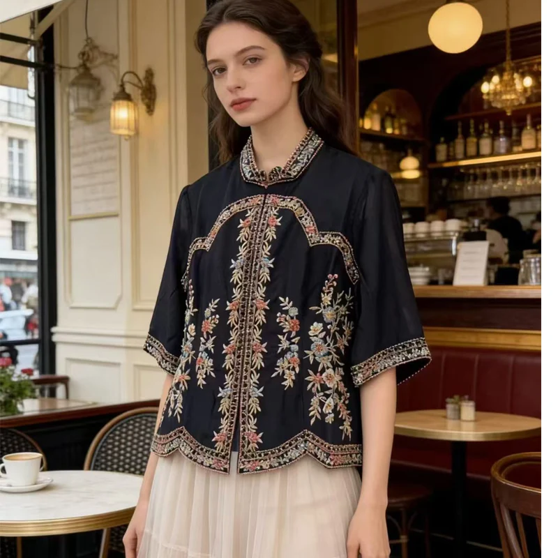 

Spring And Summer New Exclusive Design Retro Stand Collar Rayon Fabric Bead Embroidery Half Sleeved Women's Shirt M-XXL