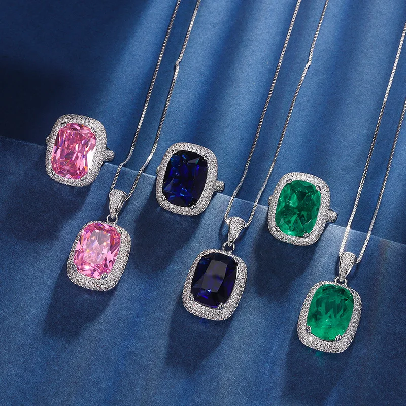 

Micro Clear CZ Paved 12x16mm Pink Blue Sapphire Cubic Zircon Imitation Emerald Gem Pendant Necklace Adjustable Ring Jewelry Set