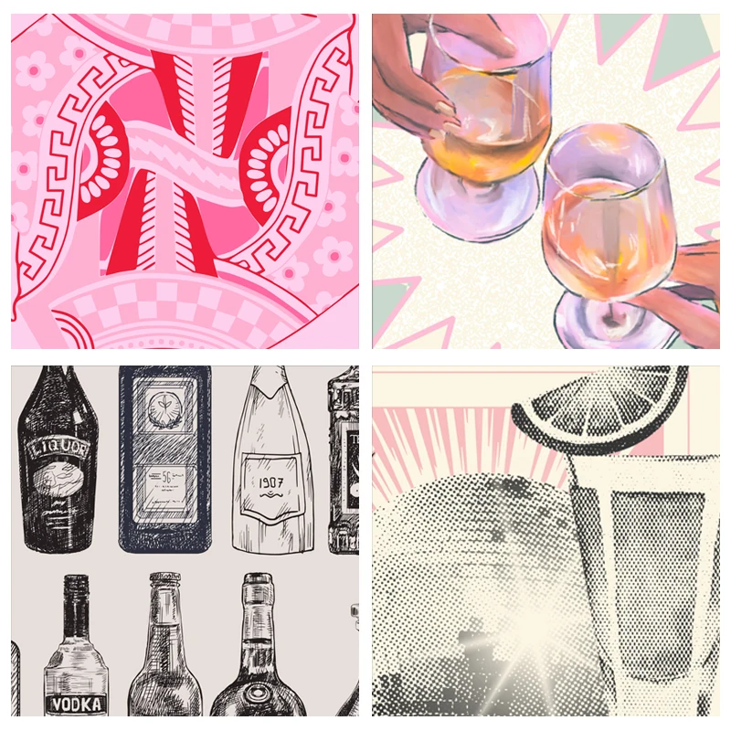 Frameless Funky Pink Cocktail Art Print Trendy Retro 8 Ball Cherries Poster Preppy Wall Art Canvas Painting Bar Cart Kitchen Dec