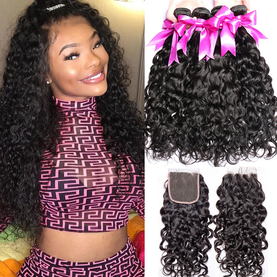 

12A Water Wave Virgin 3 4 Bundles Deal With 4*4 HD Lace Closure Human Hair Bundles Remy Peruvian Raw Hair Bundles With Closure