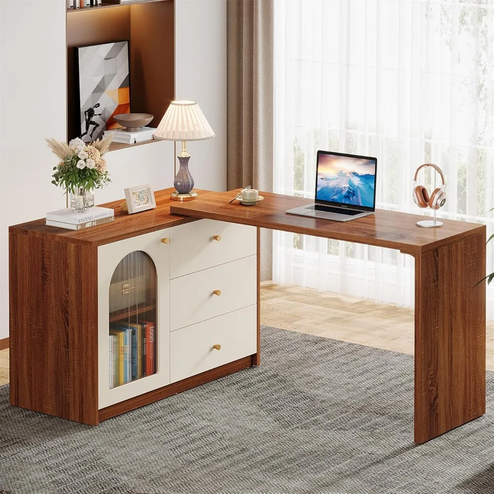 

L Shaped Computer Desk with Drawers, Modern Corner Home Office Desk with Reversible Storage Cabinet, Long Study Writing Desk Wo