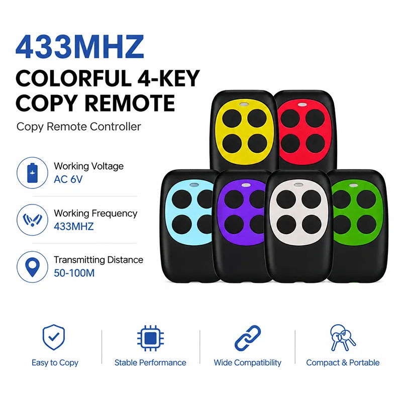 433MHz 4-Button Colorful Remote Cloner for Garage Gate - Wireless Copy Keychain Duplicator