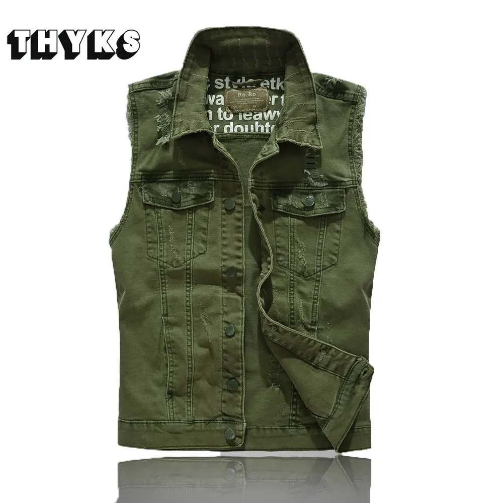 

Military Men's Denim Vests Korean High Street Fashion Slim Tank Top Gym Hombre Army Green Sleeveless Jeans Jackets Men Spring