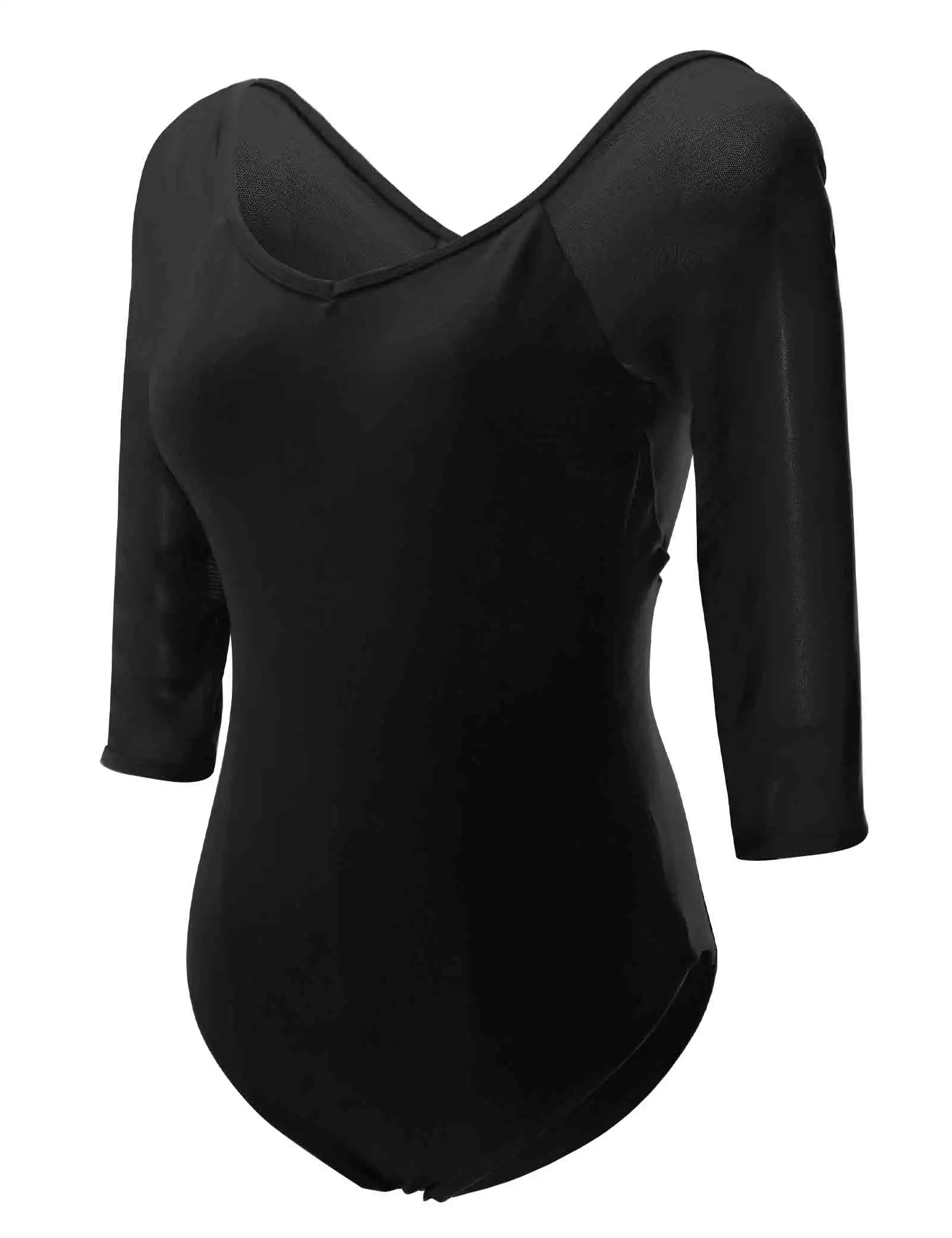 Women Black Ballet Leotards 3/4 Sleeve Dance Leotard Soft Mesh Splicing Gymnastic Bodysuit Adult Ballerina Outfits