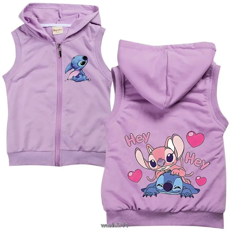 Disney Stitch Spring Autumn Vest Hoodies Cartoon Boys Girls Sweatshirts Children Casual Vest Hood Tops 100cm-170cm Height