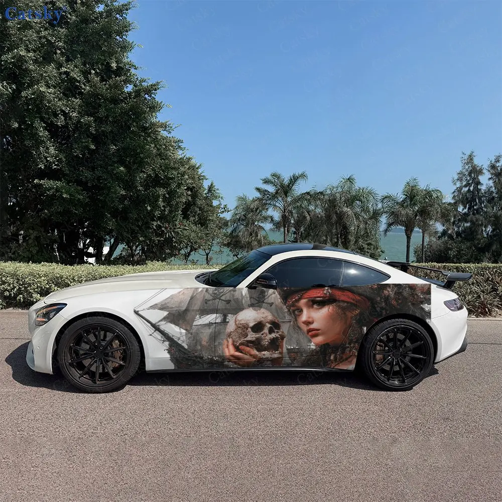 2pcs Female Pirate Holding Skull Car Side Wraps, Self-Adhesive PVC Waterproof & Scratch-Resistant Stickers, Car Accessory Gift