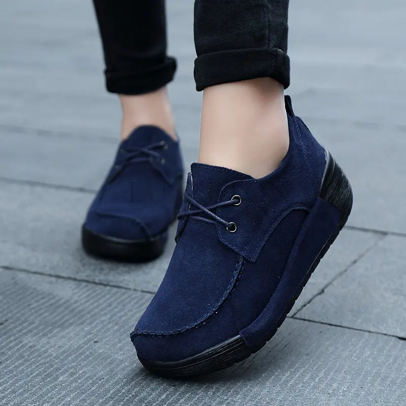 Cow Suede Leather Women  Platform Sneakers Shoes Ladies Lace Up Casual Shoe Loafers Elegant Woman Pumps Footwear