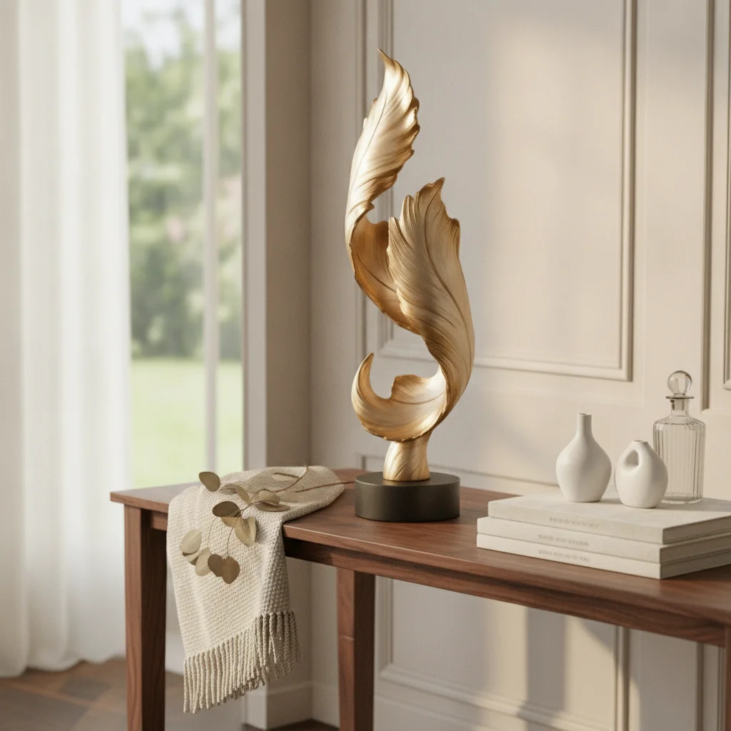 Double Feather Statue Upward Curve Crystal Sphere Ornament Floor Decor Statue Narrow House Decoration Elegant Design