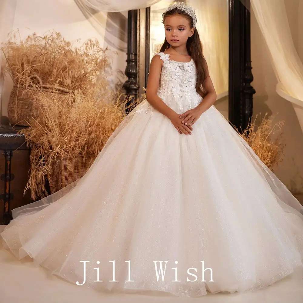 

Jill Wish Elegant White Flower Girl Dress Appliques Lace Princess Kids Wedding Birthday First Communion Party Gown 2024 J272