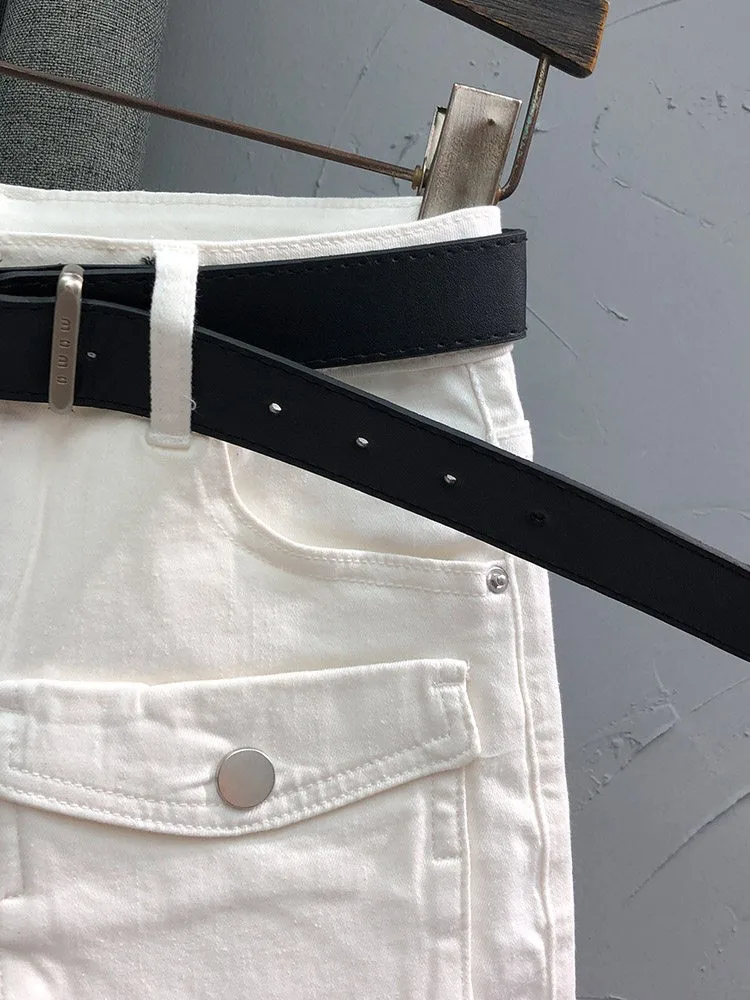 Fashion Summer Women Beige White High Street Sexy Denim Multi Pockets Shorts High Waist Cargo Shorts Casual Female Mini Trousers