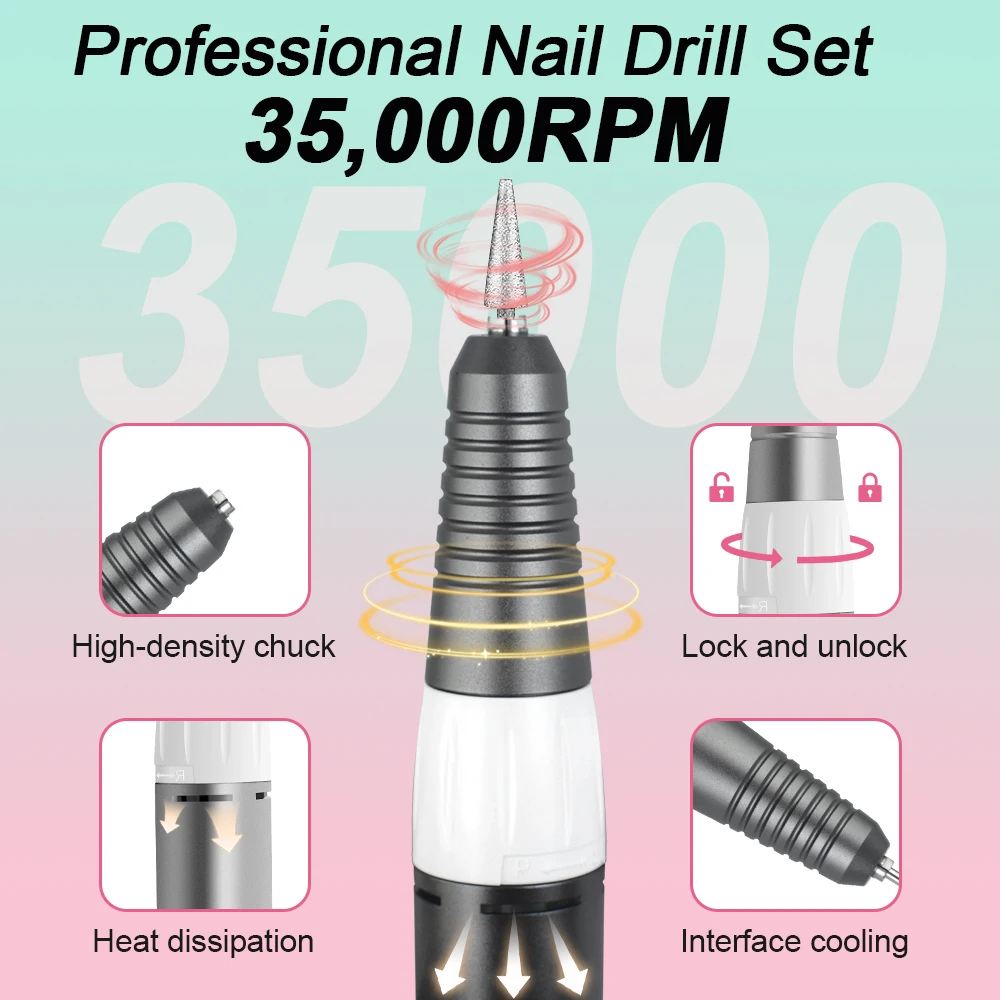 35000RPM Electric Nail Drill Machine Manicure Pedicure Professional Nail Lathe Low Noise Cutters Nail File Kit