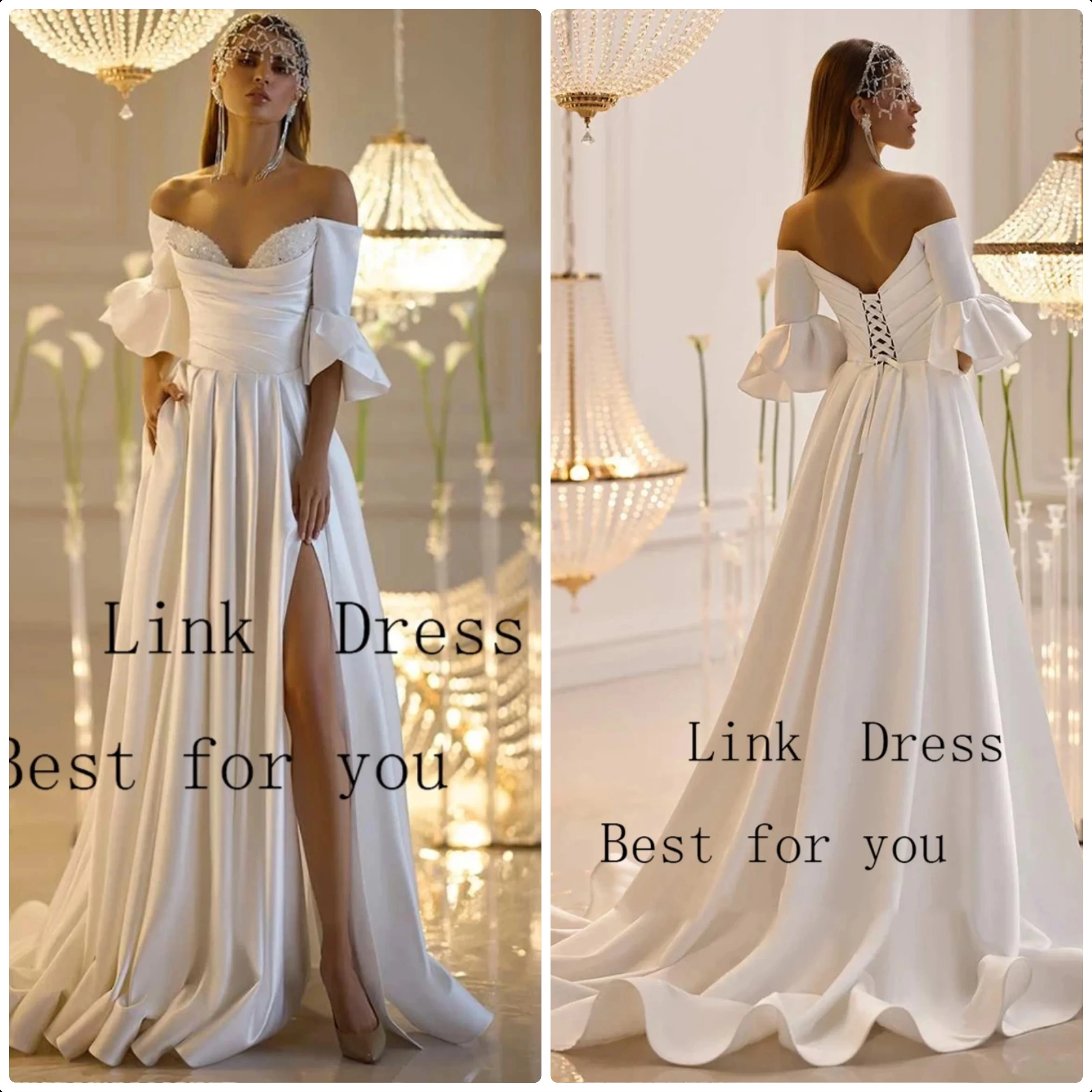 Elegant Side Slit Wedding Dresses for Ladies Elegant Strapless Bridal Gowns with Satin Exquisite Half Sleeve Vestidos De Novia