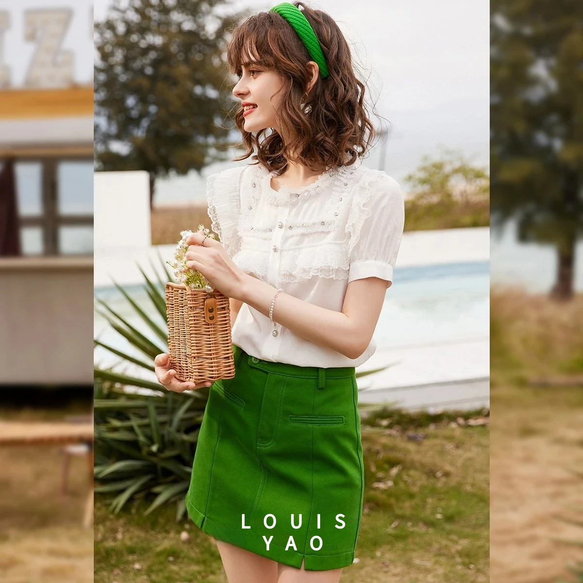 

LOUISYAO Pleated Embroidered Women's Shirt 2025 Summer Korean Popular Clothes Ruched Stand-up Collar Short Sleeve Shirt