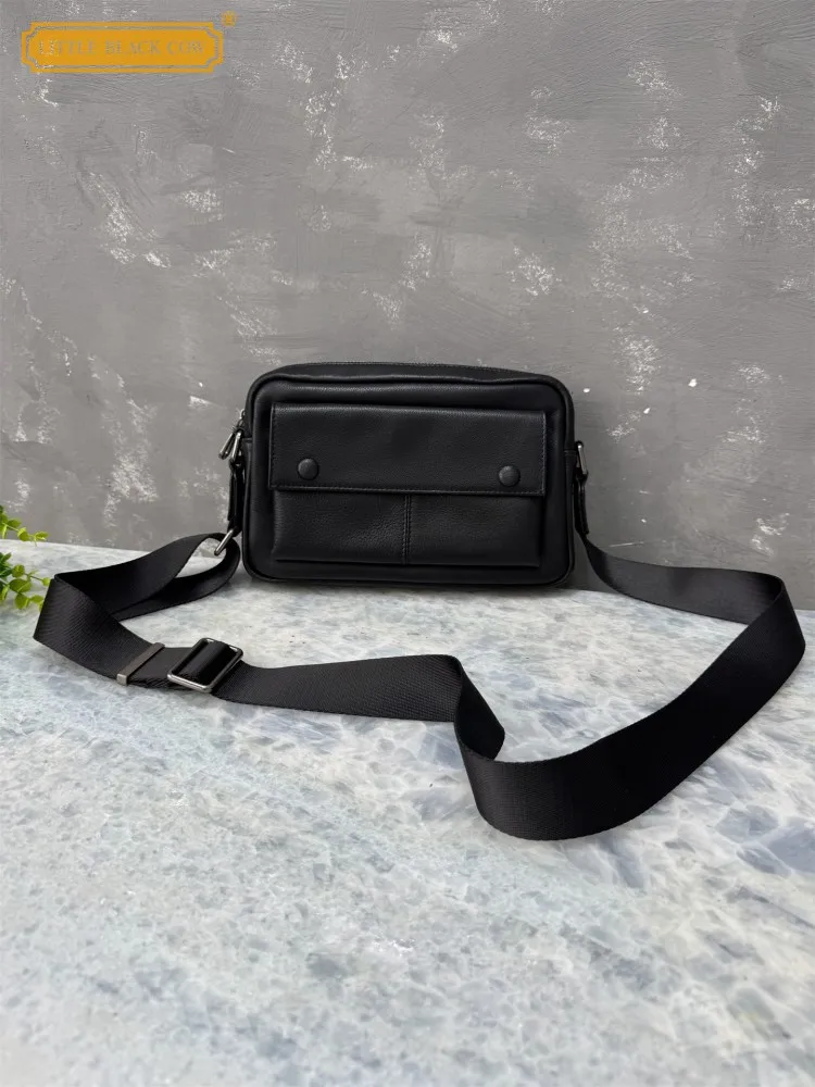 Fashion Versatile Mens New Black Cowskin Genuine Leather Zipper Chest Bag Casual Male Motorcycle Single Shoulder Crossbody Bags