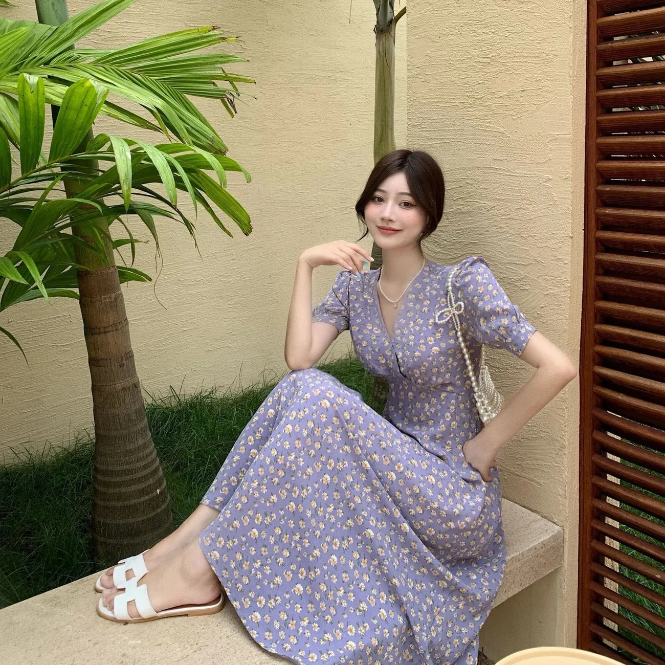 Floral Print V-Ne Midi Dr Chiffon Waist-Cinching A-Line Skirt Korean Sle Commute Summer ort Sve Casual Dr