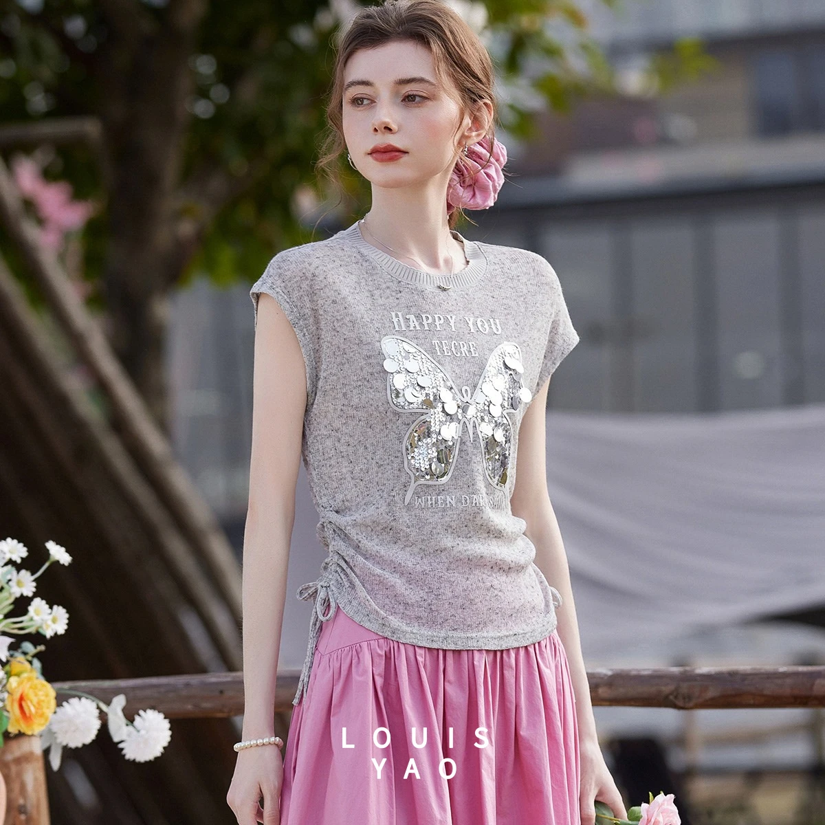 LOUISYAO Women Korean Sweet Sequin Short Sleeve T-Shirt Spring Summer 2026 Pullover Slightly Stretch Slim Fit Top