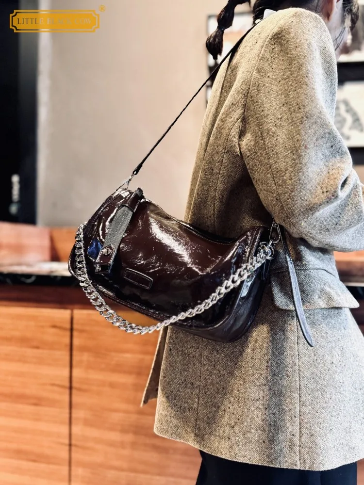 Women High Street Oil Wax Zipper Cowskin Genuine Leather Handbag Casual Chain Single Shoulder Underarm Bag Soft Crossbody Bags