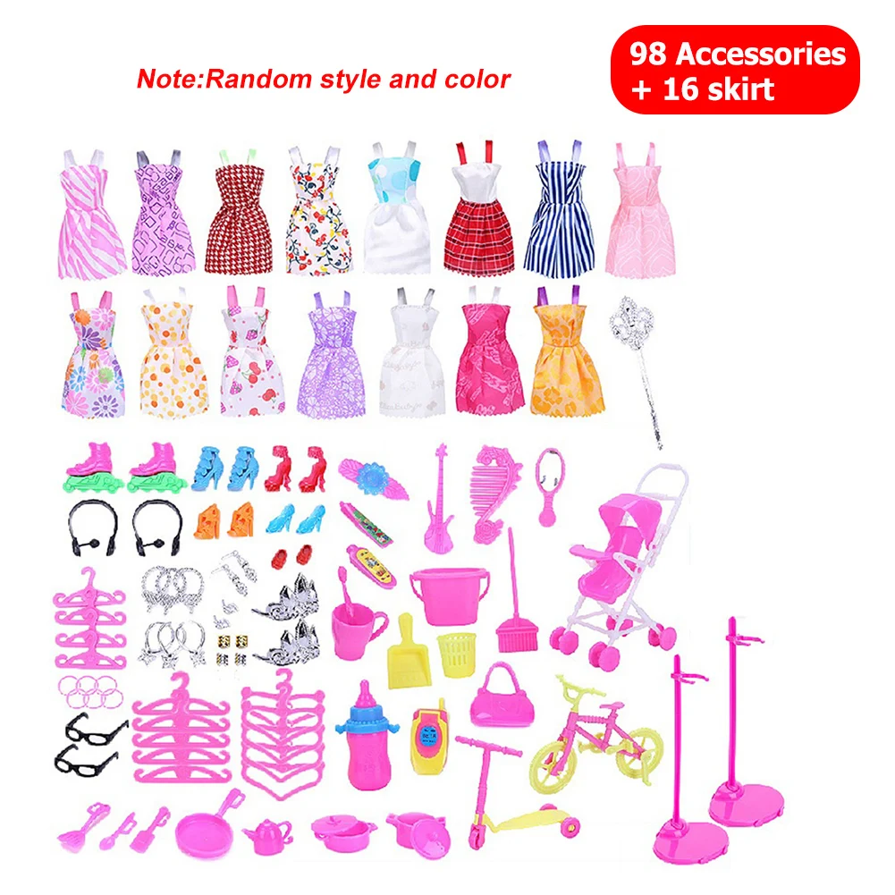 114 unids/set DIY ropa para muñecas collares vestido traje Color al azar zapatos para muñecas botas Mini vestido bolso DIY casa de muñecas accesorios de juguete