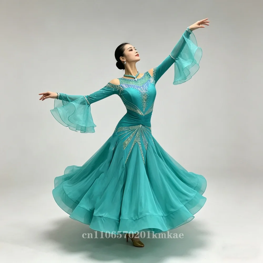 

Elegant Green Ballroom Dance Dress for Women Off Shoulder Flare Long Sleeve Rhinestone Skirt for Stage Performance