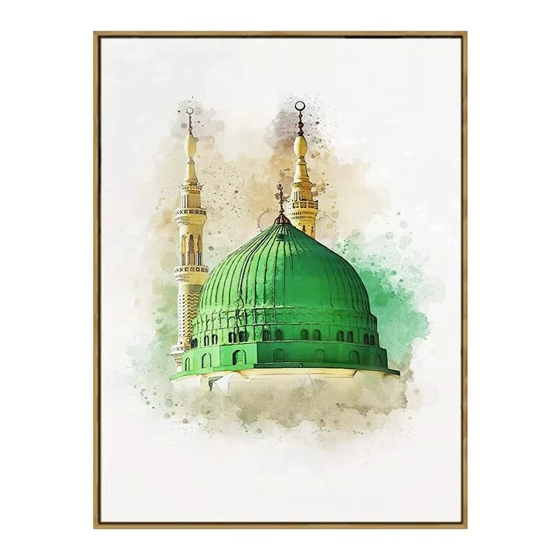 1pc frameless Canvas Painting Elegant Beige Islamic Calligraphy Canvas Wall Art Abstract Kaaba Al Aqsa Mosque Posters for Living