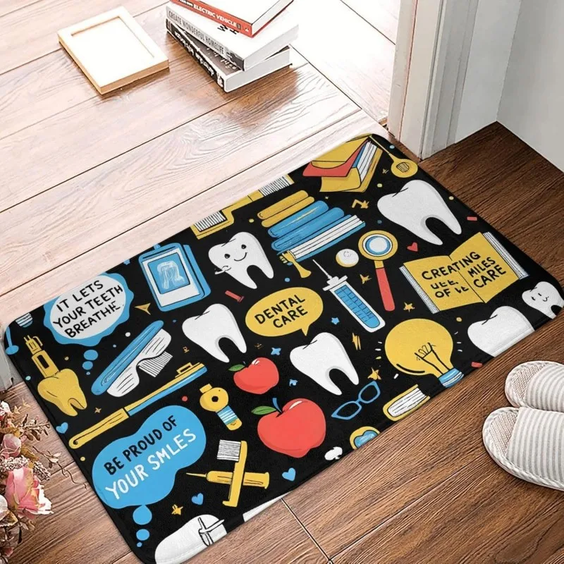 Dental Care Pattern Doormat Cute Tooth and Tools Print Non-Slip Floor Mat for Dentist Home Decor